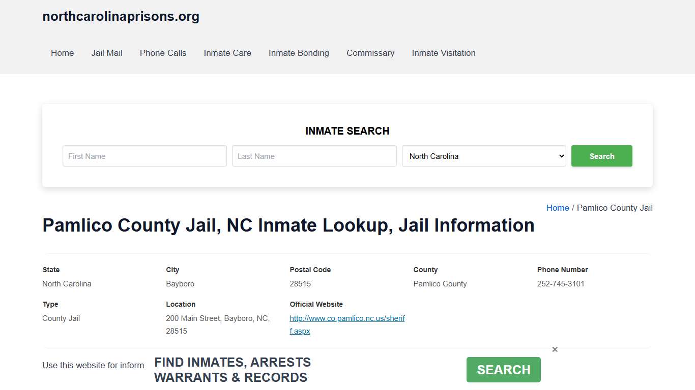 Pamlico County Jail, NC - Offender Locator, Contacts, Inmate Info
